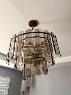 Smoked Glass Panel Chandelier with Brass Frame