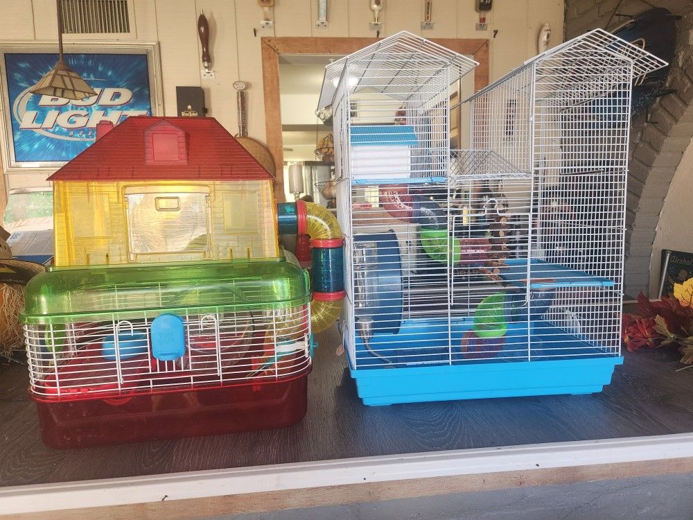 Two Complete Hamster Cages With Water, Wheel and Tubes