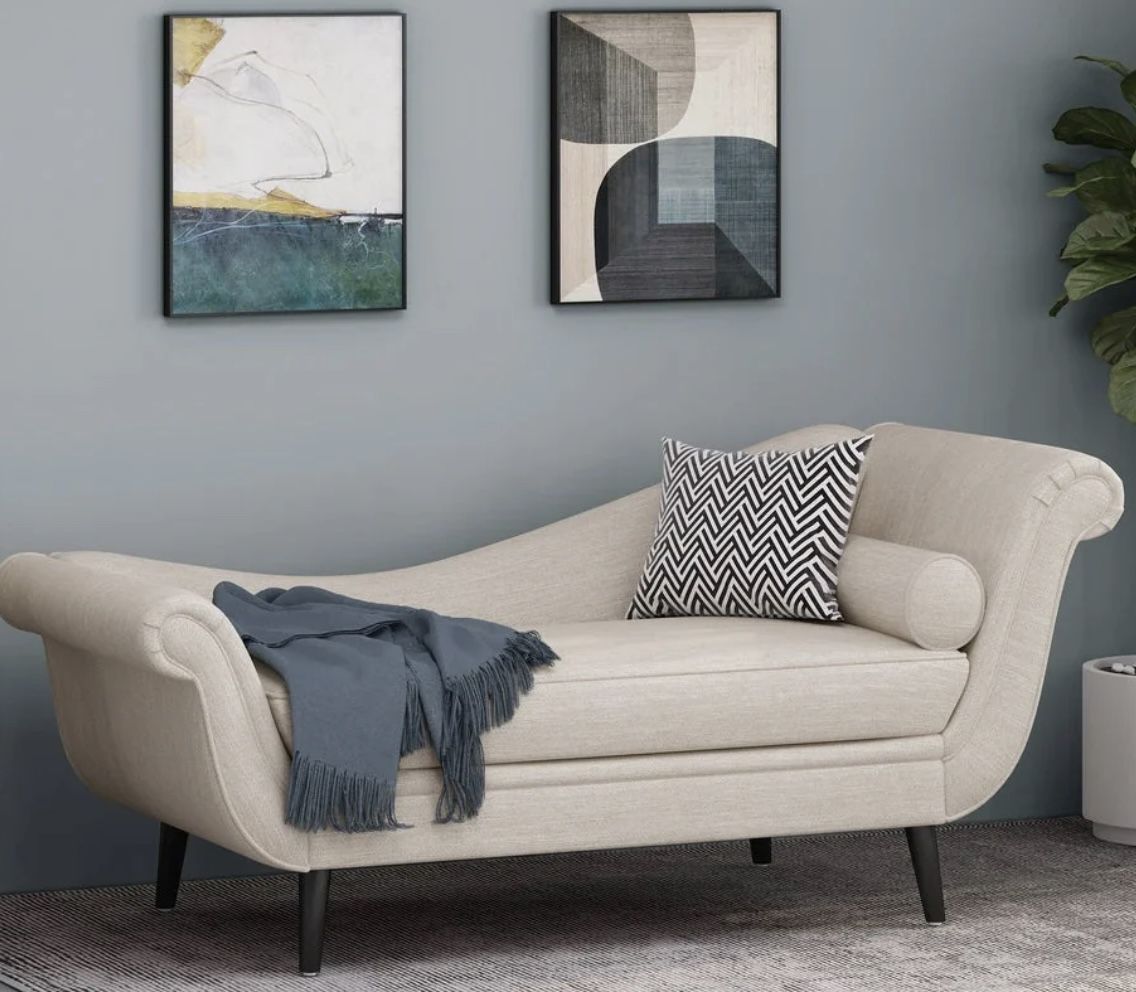 Brand New Jakyrah Contemporary Chaise Lounge with Scroll Arms Color, Beige
