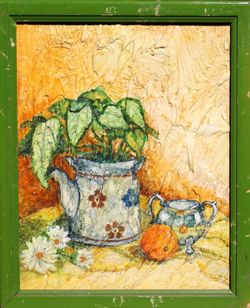 Still life Kitchen table original impasto painting Enamel on cardboard 9x11