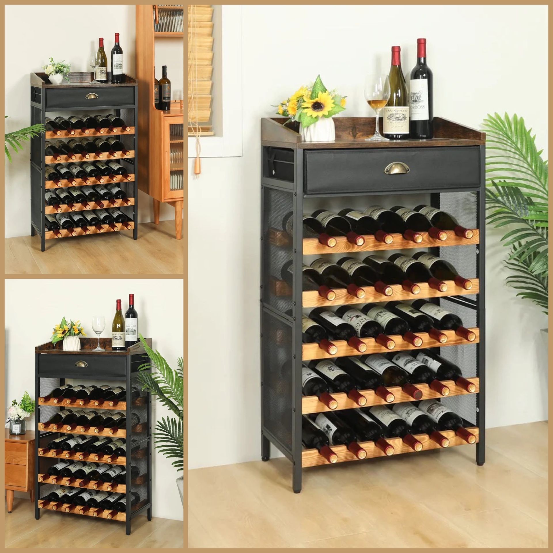 New 30 Bottle Wine Rack with Wood Top and Drawer 5 Tier Floor Wine Bottle Organizer Storage Stand