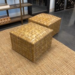 Woven Leather Ottomans With Wood Base (pair)