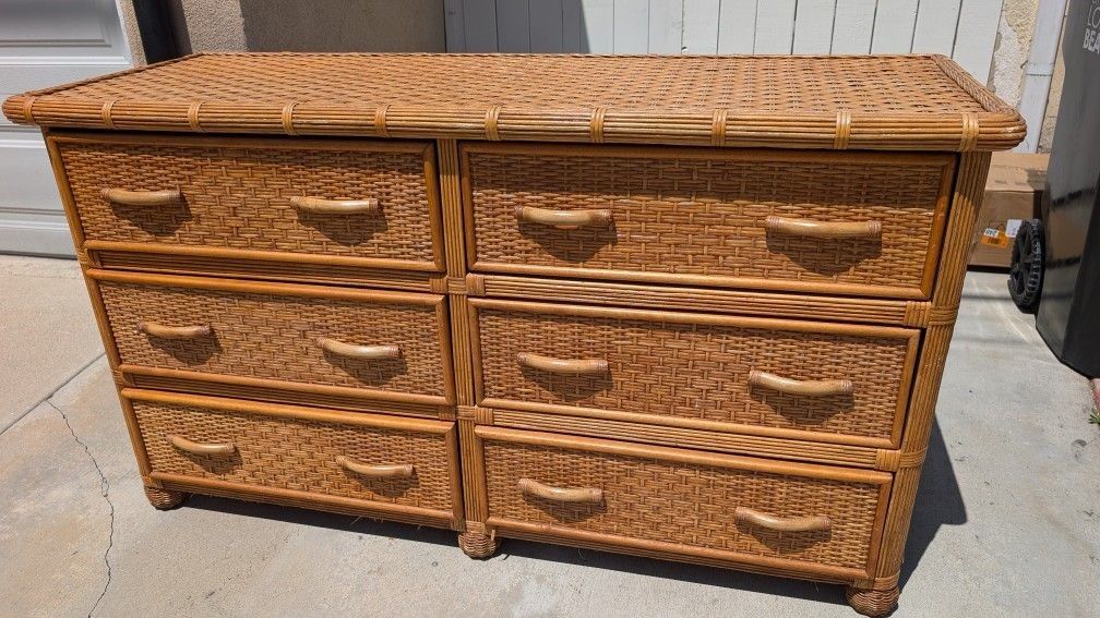 Vintage Bamboo Dresser 6 Drawers Great Condition Wardrobe Closet Clothing Storage Boho Tiki