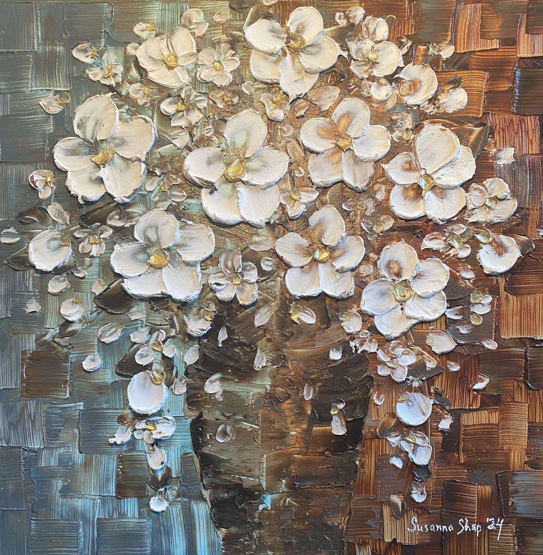 ORIGINAL painting on canvas palette knife impasto textured flowers bouquet White Vase by Susanna shap
