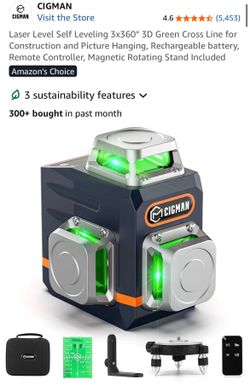 Laser Level Self Leveling 3x360° 3D Green Cross Line for Construction and Picture Hanging, Rechargeable battery, Remote Controller, Magnetic Rotating 