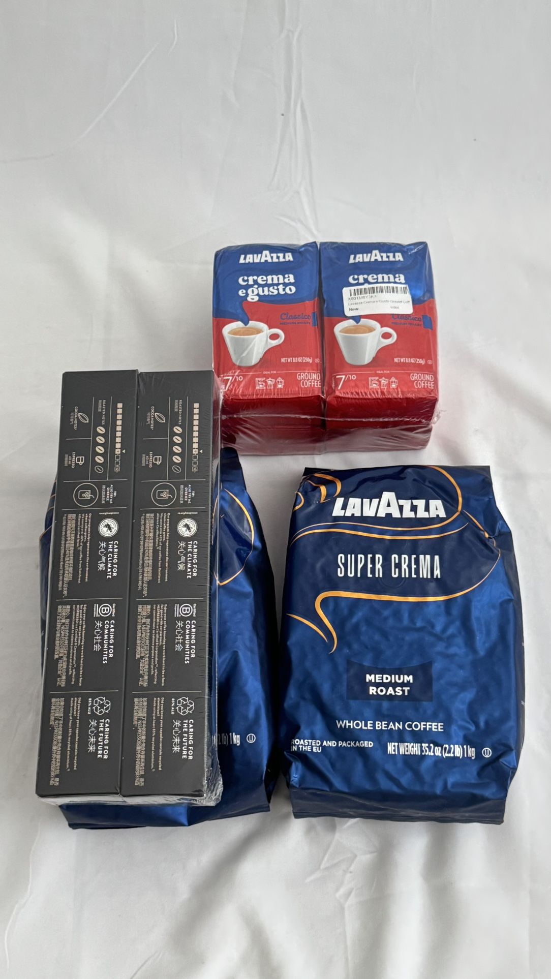 Coffee Bundle — Lavazza Super Crema Whole Bean 2.2lb ×2 + Lavazza Crema e Gusto Ground 8.8oz ×4 + Nespresso Decaffeinato Capsules ×2 (New & Sealed)