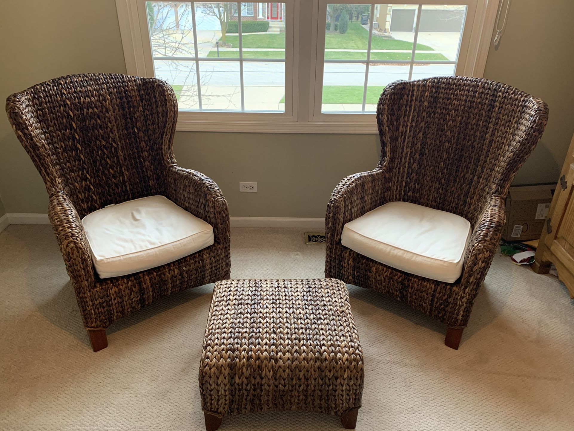 Pottery Barn Seagrass Wingback Chairs & Ottoman