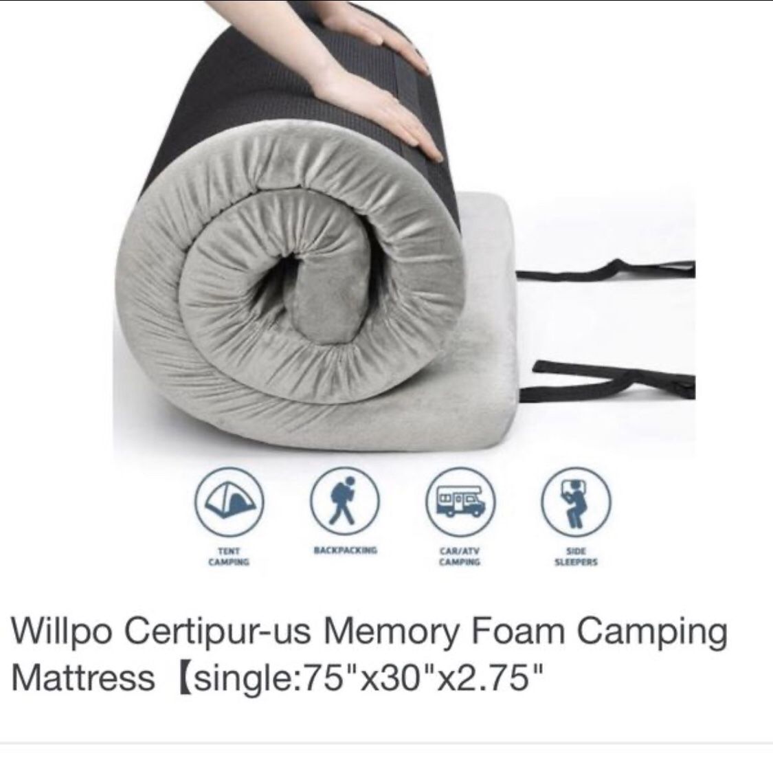 Willpo Certipur-US Memory Foam Car Camping Mattress - (75" x 30"x 2.75") Portable Sleep Pad Roll Out Mat Floor Guest Bed Mattress