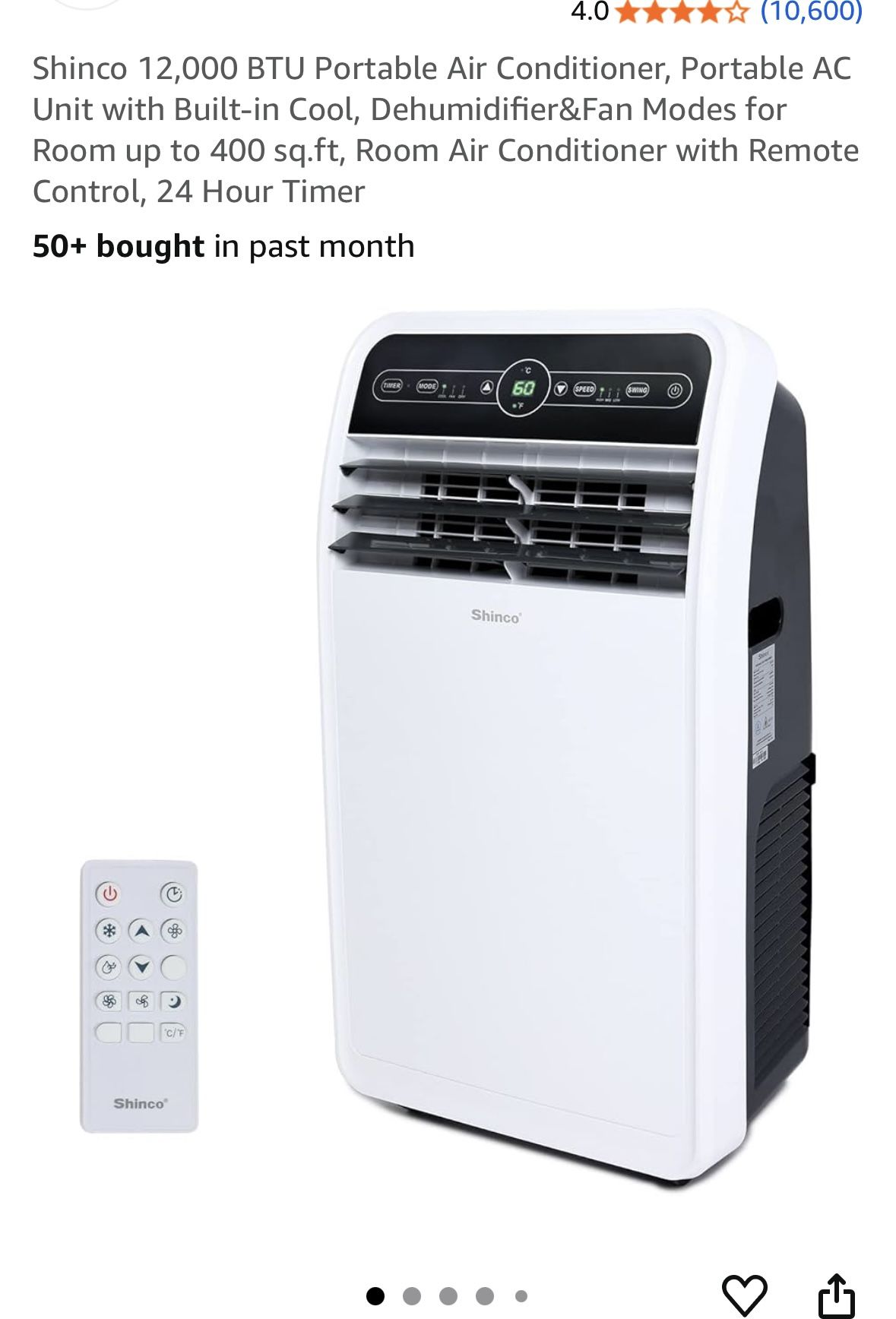 SHINCO 12,000 BTU’s Portable Air Conditioner W/Dehumidifier Timer Cools Up To 400’ New In Box