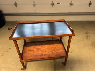 Mid-Century Teak Bar Cart with Black Top