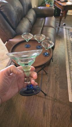 4 Vintage Hand Blown Mexican Margarita Glasses Blue & Green