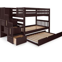 Twin Bunk W/ Trundle, Steps & Storage 
