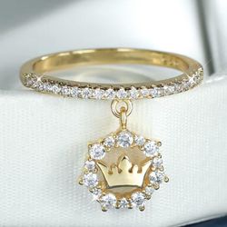 Cute 18K Gold Plated Zircon Queen Tiara Dangle Ring
