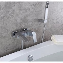 Ridge Wall-Mount Waterfall Tub Filler Faucet With Hand Shower Set Solid Brass Sh10