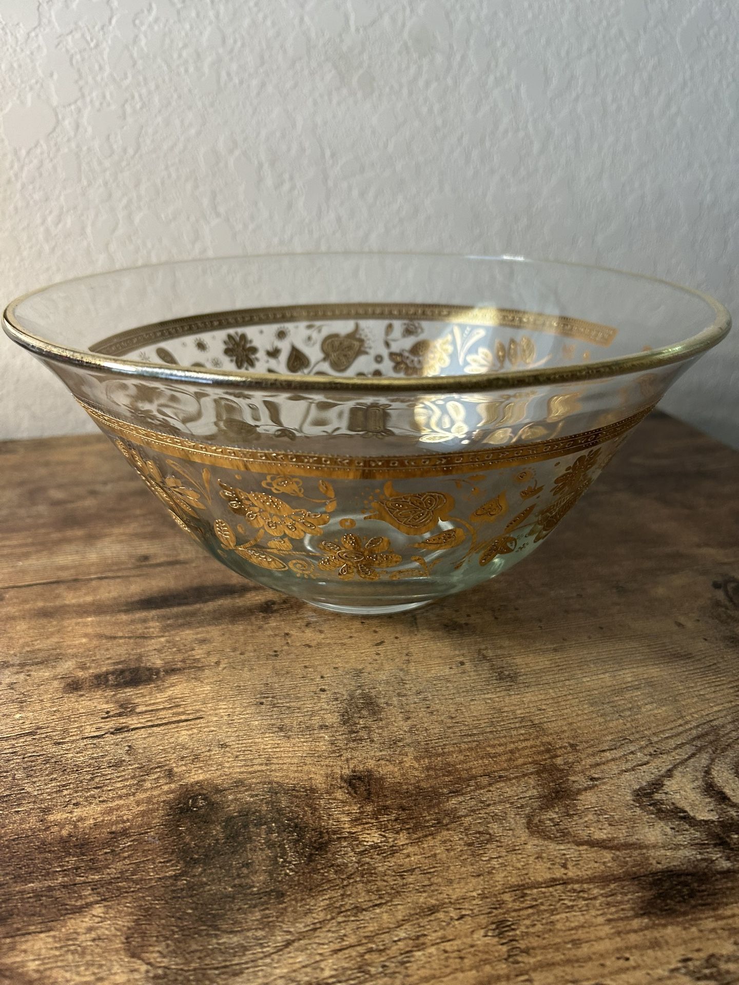 Vintage Thick Glass Salad Bowl With Gold Ornament
