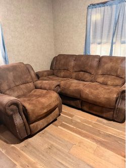 Brown reclining sofa and recliner