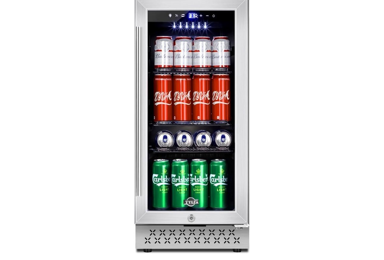 Tylza 15 Inch Beverage Refrigerator, 130 Cans Quiet Beverage Fridge, 15" Beverage Cooler Under Counter with Glass Door and Lock for Built-in or Freest