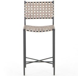 DESIGNER 25" COUNTER STOOL, TOP GRAIN WOVEN SMOKE GREY LEATHER W/ IRON SLIM GUNMETAL GREY BASE, MODERN URBAN FARMHOUSE CONTEMPORARY INDUSTRIAL $699 