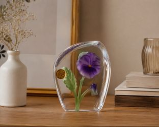 Cristal d’Arques France Lead Crystal Purple Pansy Flower Paperweight Art Glass Figurine