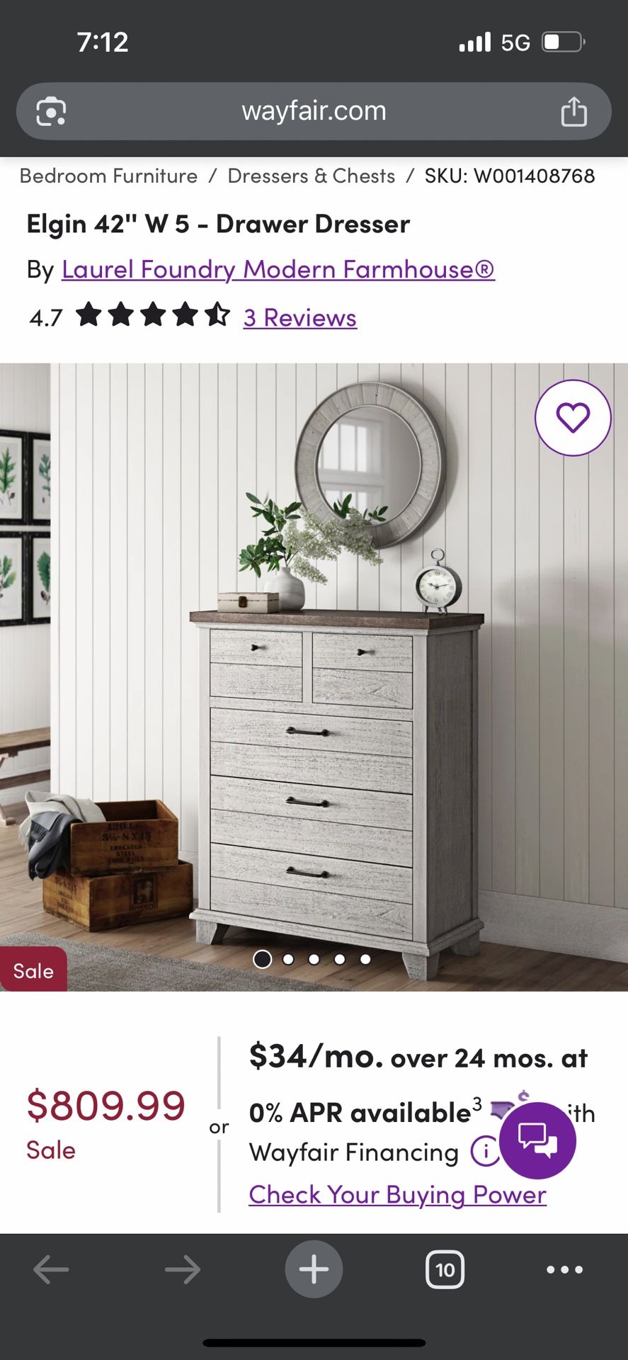 Elgin 5 Drawer Rustic Farmhouse dresser Chest