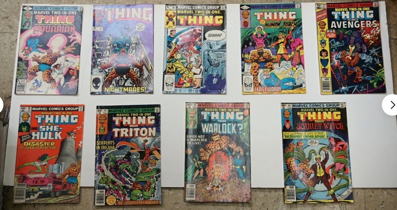 LOT 9 MARVEL TWO-IN-ONE THE THING COMICS 66 AUGUST; 63 MAY; 65 JULY; 88 JUNE; 89 JULY; 75 MAY; 96 FEBRUARY; 19 JANUARY; 58 . COLLECTIBLE. GOOD CONDI