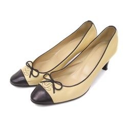 Chanel Authentic Coco Mark Women Bicolor Beige/Black Calf Leather Pumps 11595