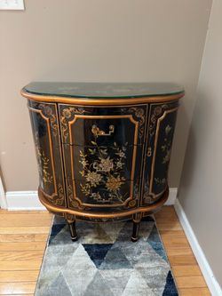Black Lacquer Chinoiserie Demilune Cabinet