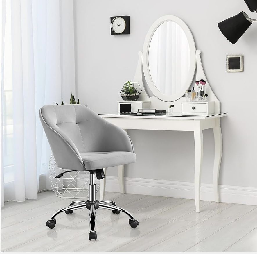 Velvet Desk Vanity Chair with Wheels Back Cute Small Swivel Comfy Computer Chair with Adjustable Height Tilt Angle Upholstered Accent Armchair for Bed