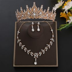 Elegant Crystal Necklace Earrings Tiara Crown Set For Women Wedding Bridal Prom