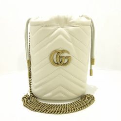 Auth GUCCI GG Marmont White Leather Women Shoulder Bag
