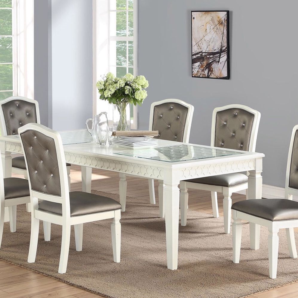New Glitzy White Finish Wood 5PC Dining Table Set
