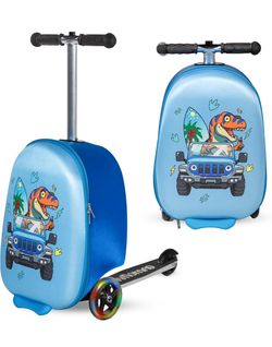 Dinosaur Ride-On Scooter Suitcase for Kids - Fun Travel Companion Luggage with Built-in Scooter, LED Wheels, and Carry-On Design for Boys Ages 5-12 - 