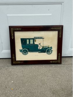 Vintage Framed 1906 Fiat Antique Car Print Wall Art Brass Corner Frame