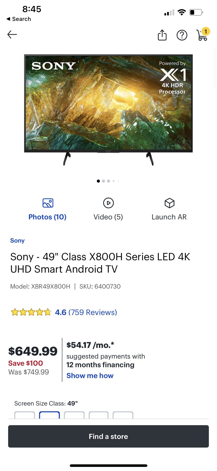 “TV” Sony X800H 4K LED UHD 