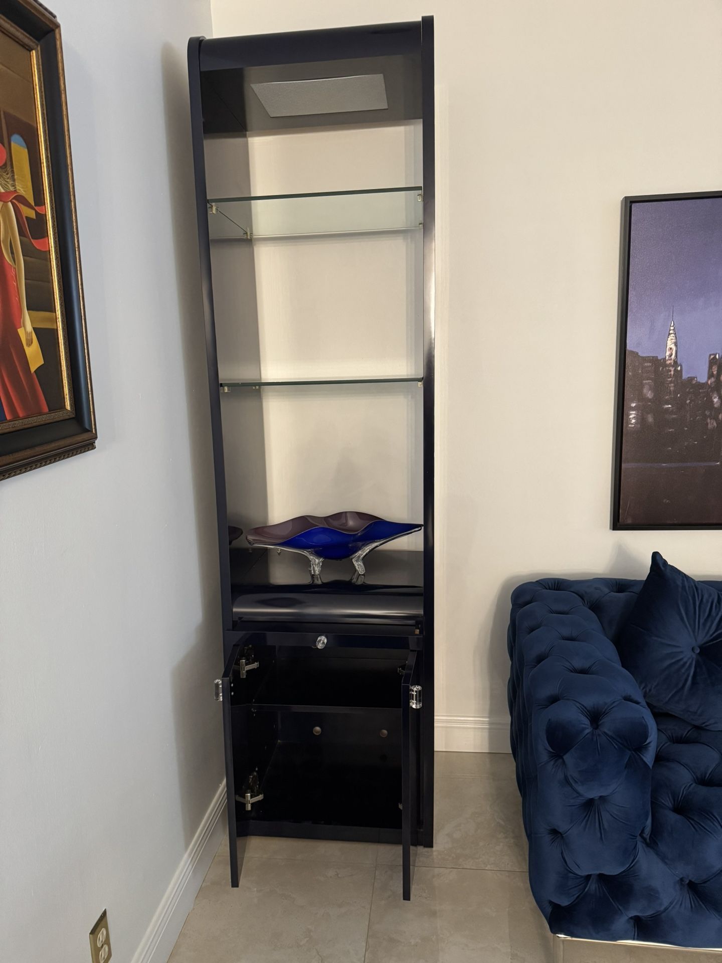 2 Navy Blue Display Shelf Cabinets With Drawers