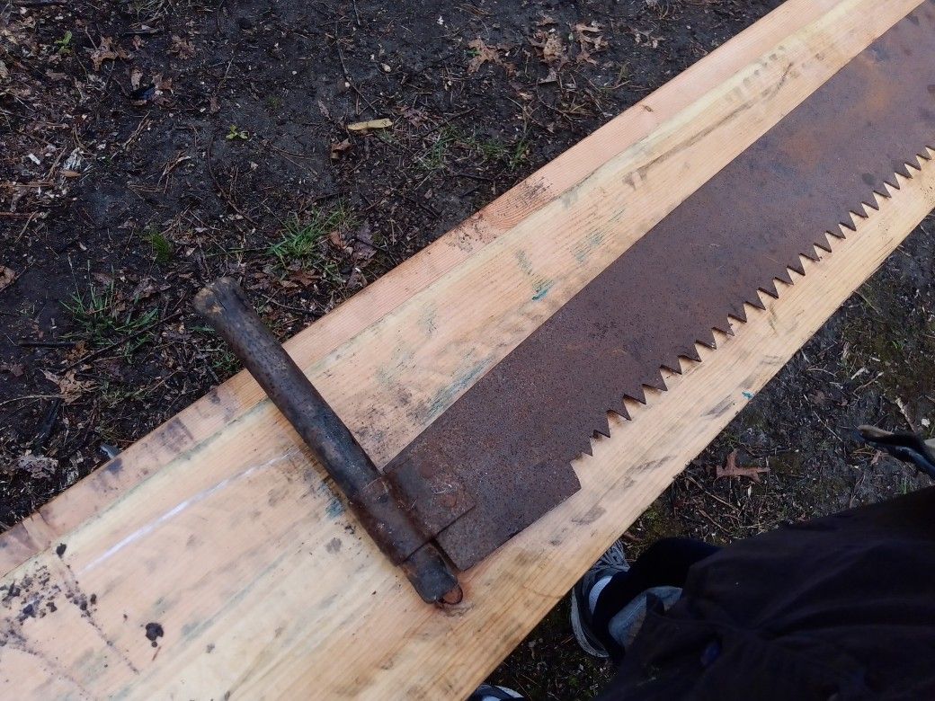 Vintage 2 Person Hand Saw, Logging Timber Saw, Large Teeth, Two Wooden Handle