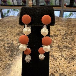 18k Coral & Pearl W Diamonds Dangle Earrings 