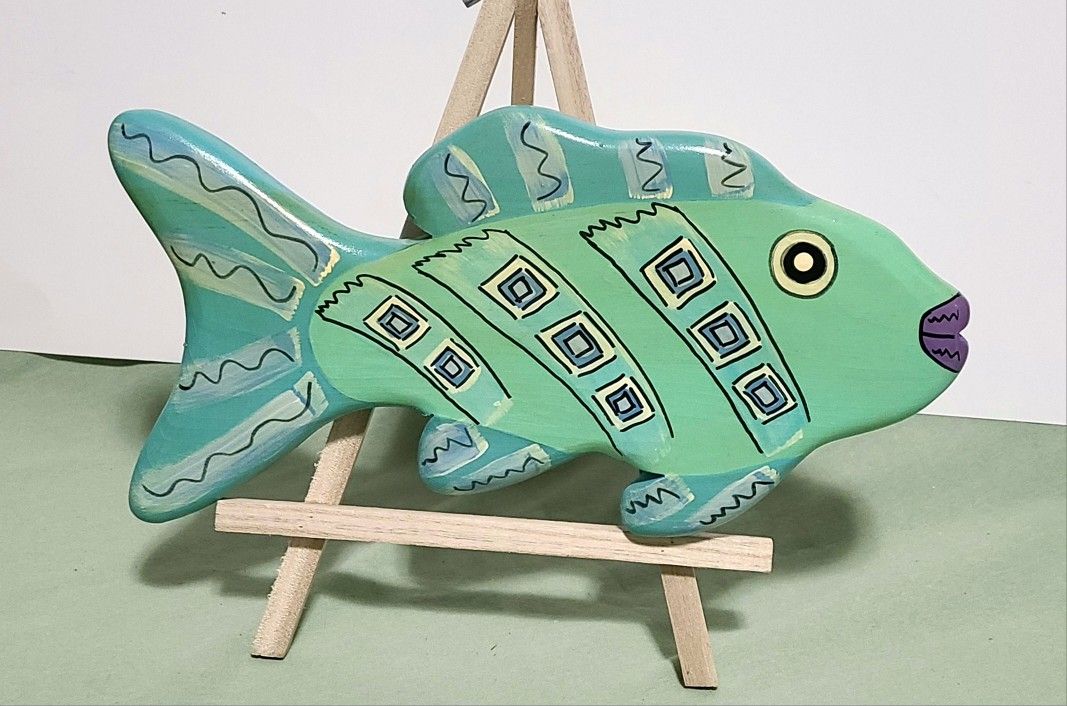 Hand Painted Handmade Wood Fish Green Blue Wall Decor 