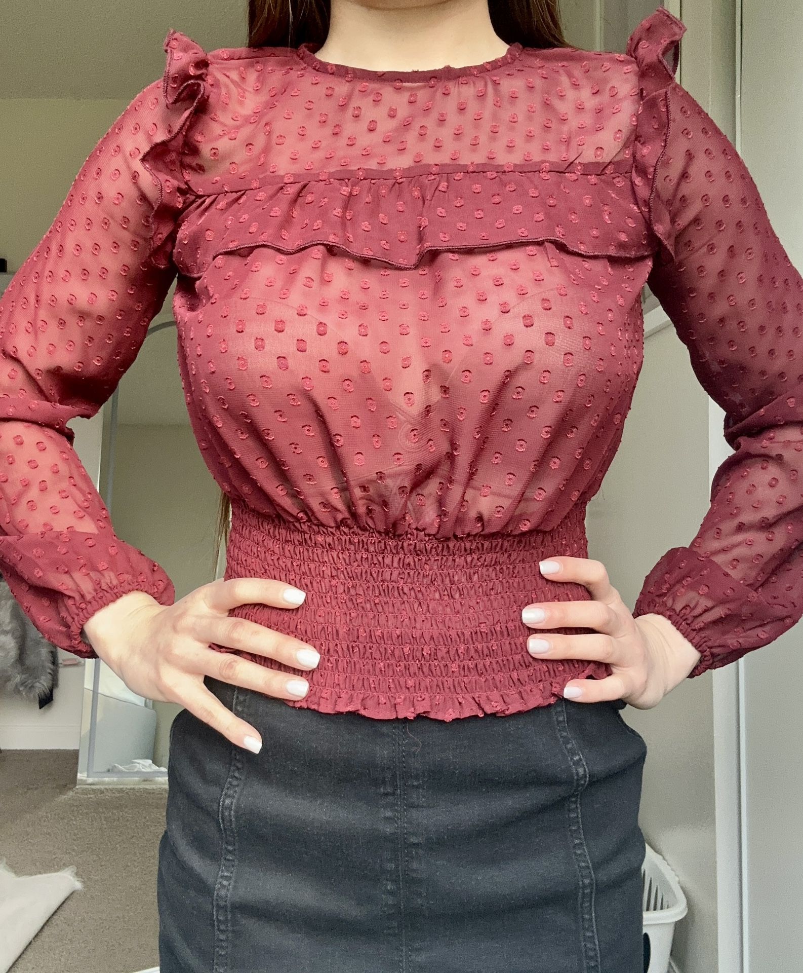 Sheer Burgundy Blouse With Ruffled Details (Size XS) - LOCAL MEETUP ONLY