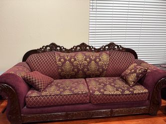 3-Piece Ornate Carved Wood Sofa Set – Burgundy & Gold and side table
