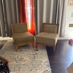 2 Green Corduroy Wooden Chairs