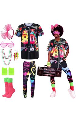 80s Outfit for Women Neon Button Down Shirt Leggings 80s Costume Accessories