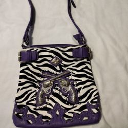 Women's Purple & White Zebra Print Purse with Metal Cowboy Pistols