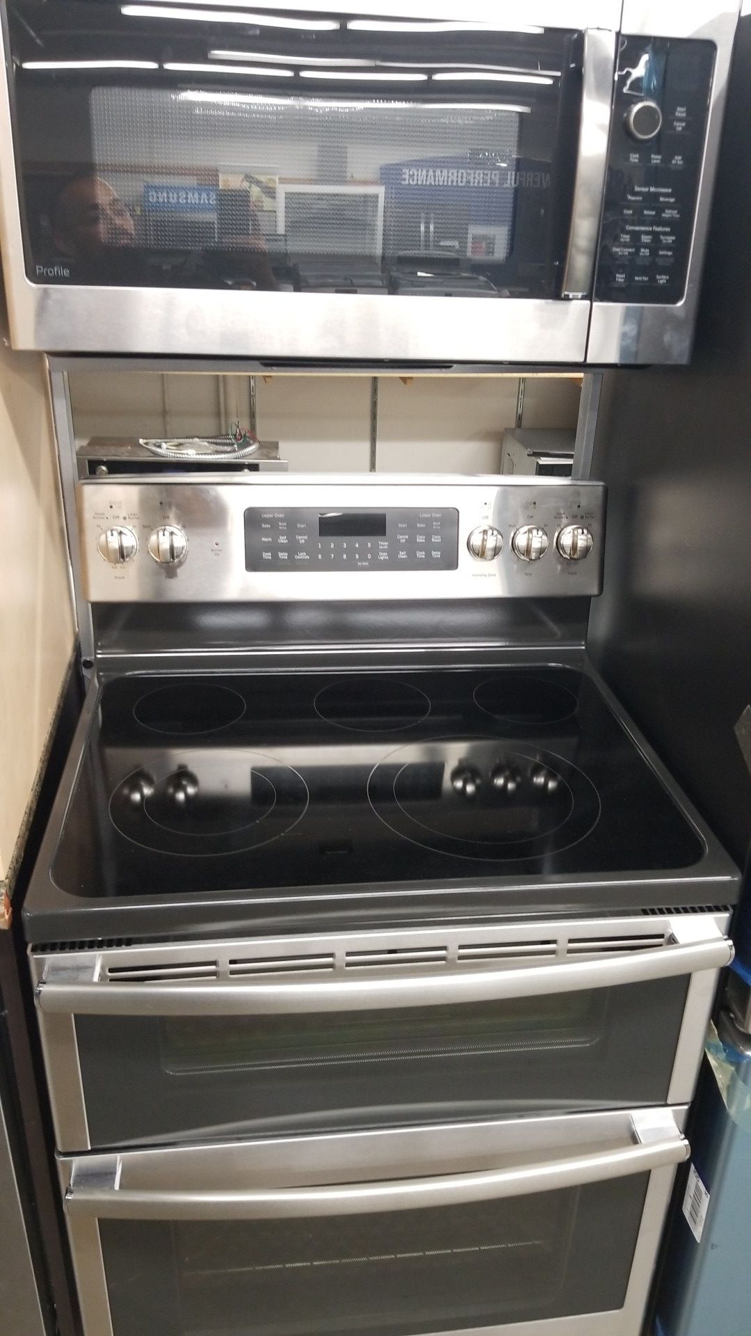 GE profile electric double oven freestanding range and microwave