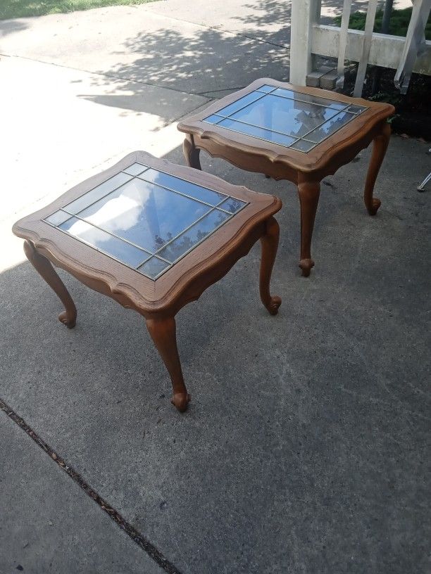 Set Of Matching End Tables With Brass Soldered Glass