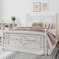 BIG SALE Queen Size Metal Platform Bed Frame with Vintage Cross Pattern Headboard&Footboard, White