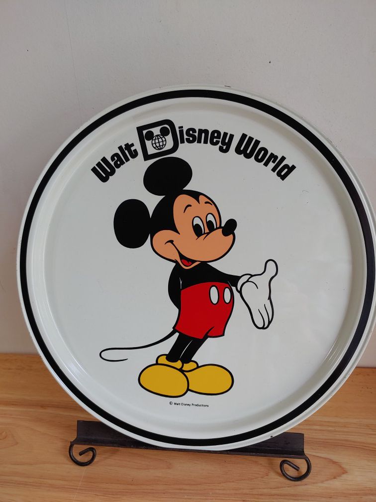 Vintage Micky Mouse Tin Tray Cartoon Character Metal Disney Platter Plate Souvenoir Tin Display Art
