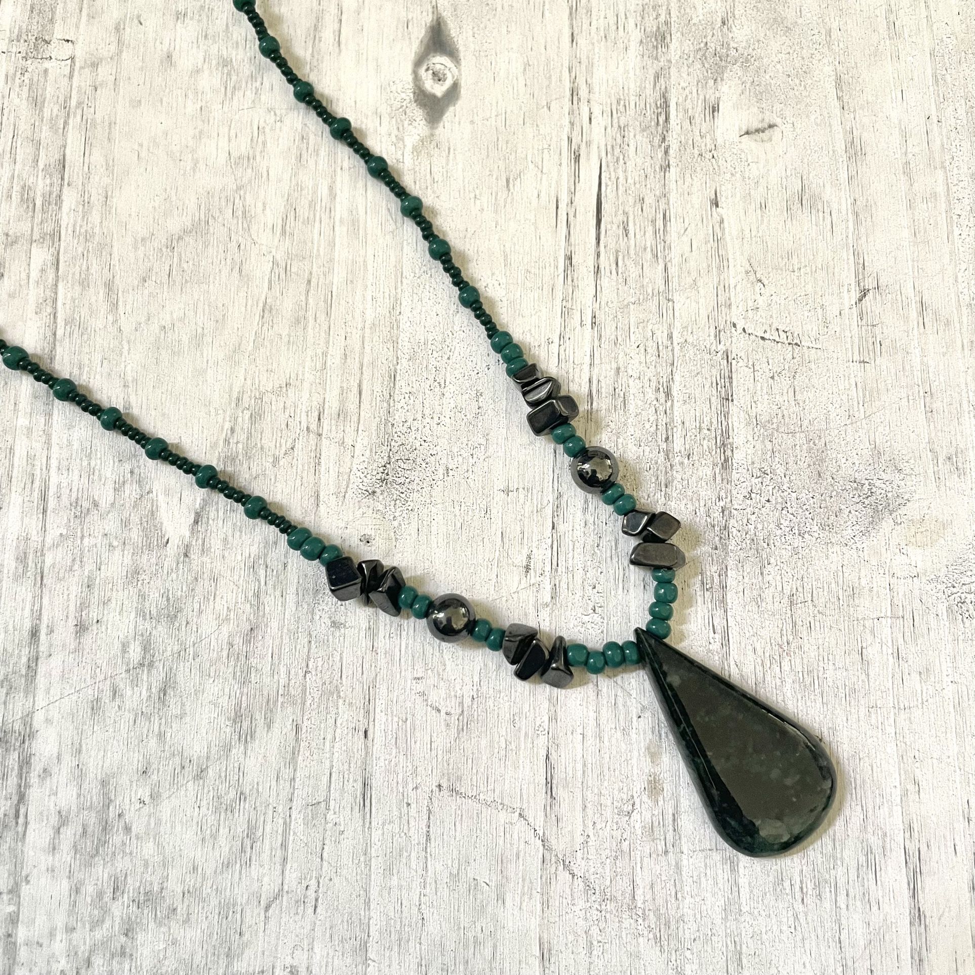 Green Jasper Hematite Pendant Necklace