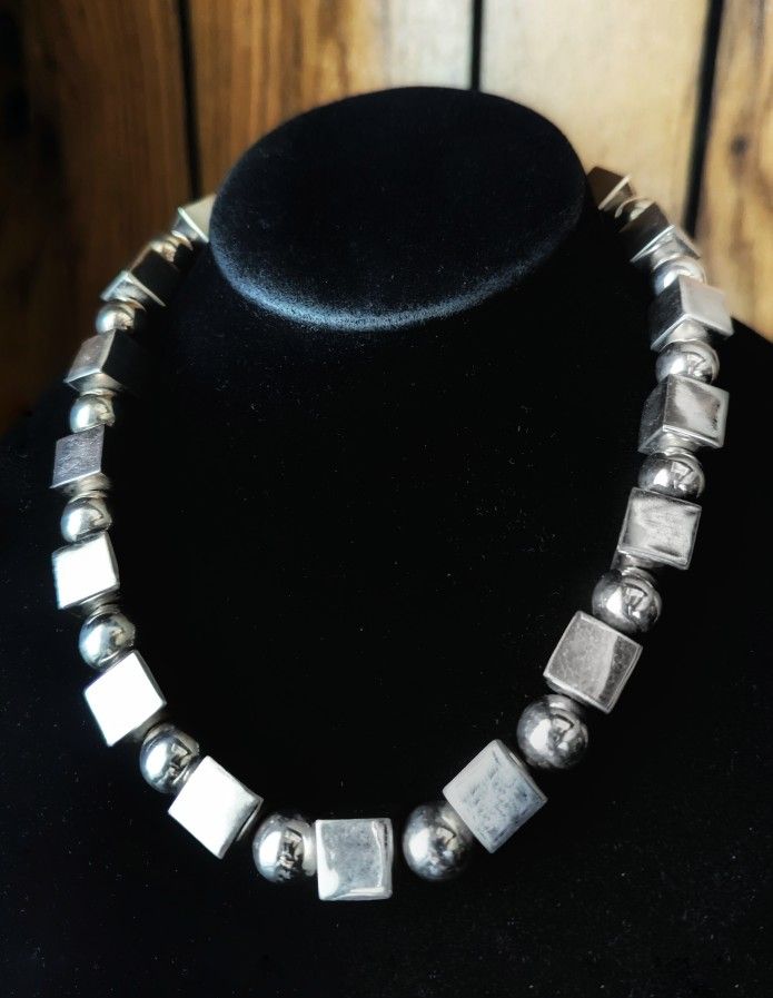 Vintage Sterling Silver 925 Sphere & Cube Necklace