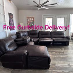 Free Curbside Delivery! Large Faux Leather Sectional Couch With Recliners And Fold Out Table